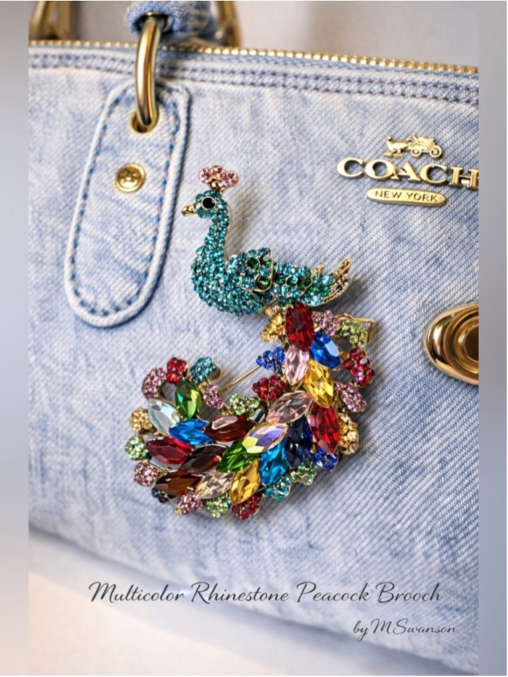 NEW Multicolor Rhinestone Peacock Brooch Bag Charm Statement Pin NWT